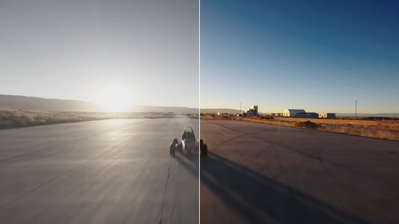 Post production — a colour grade split, flat log beside the final look